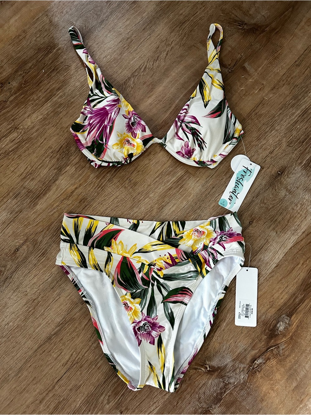 Freshwater Floral Underwire Bikini Set - White with Yellow & Pink